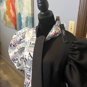 For Her, Inc Black and White Newspaper Scuba Print Puff Sleeve Dress